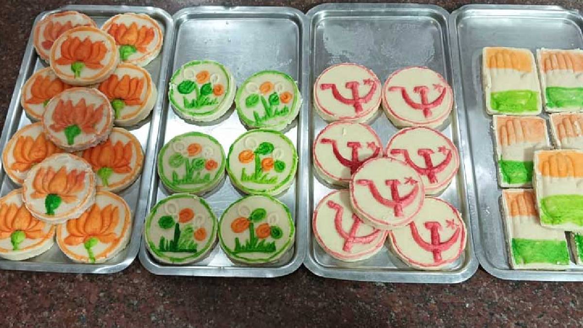 মিষ্টির দোকানে সাজানো রাজনৈতিক প্রতীকের মিষ্টি, হাওড়ায় দেদার বিক্রি ‘ভোটের সন্দেশ’