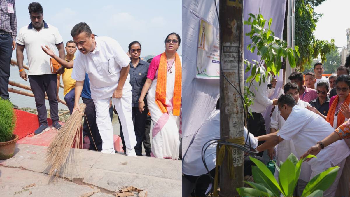 ঝাঁটা হাতে বাগবাজার গঙ্গার ঘাট পরিষ্কার করলেন মুখ্যমন্ত্রী শুভেন্দু